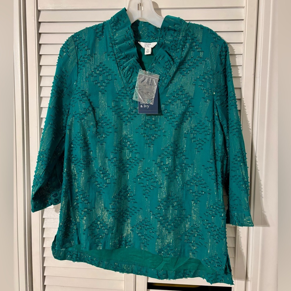 Crown & Ivy Teal & Gold Textured Blouse